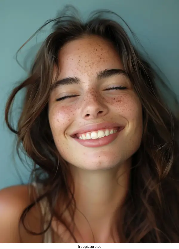 Smiling young woman with freckles, eyes closed