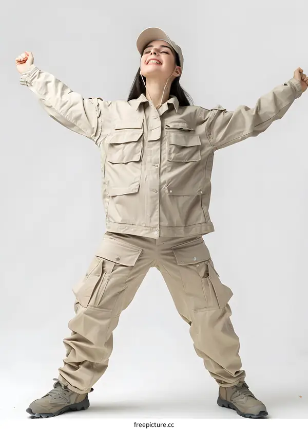 Woman in Khaki Outfit with Arms Outstretched