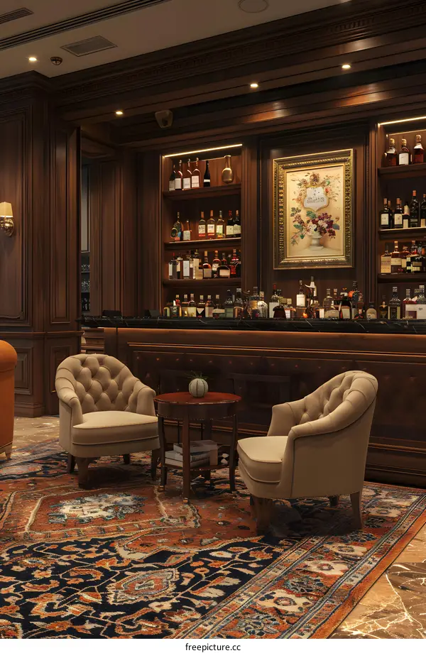 Ornate bar with two chairs in front of it