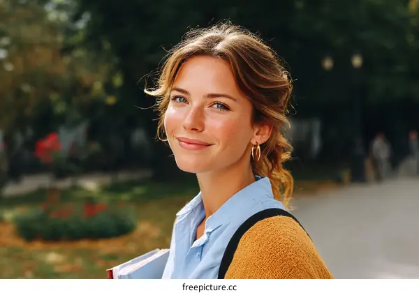 Smiling Woman Outdoors with Books
