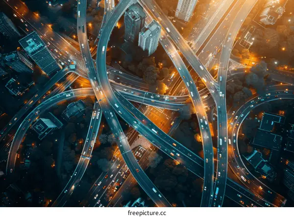 Aerial View of Busy City Highway Interchange at Night