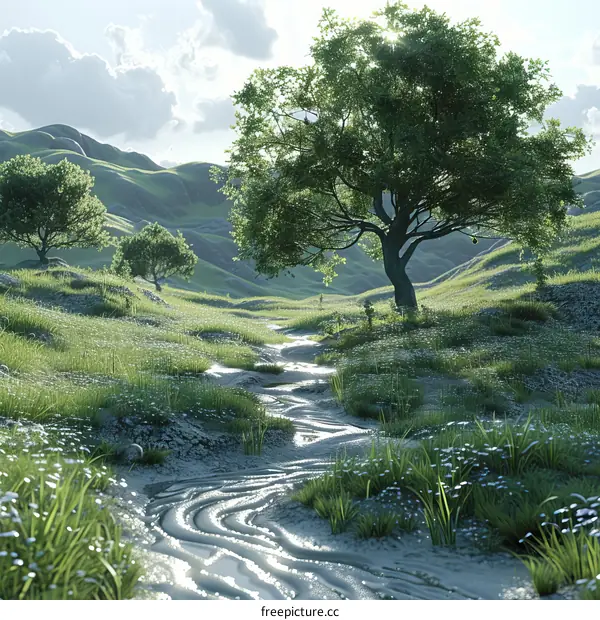 Sunny Day Landscape: Small River Flowing Through Green Grass Field