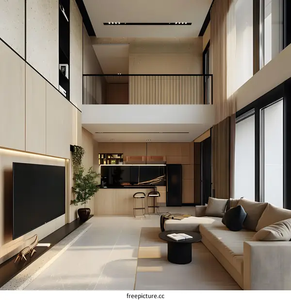Modern Living Room Interior Design with Minimalist Decor and High Ceiling
