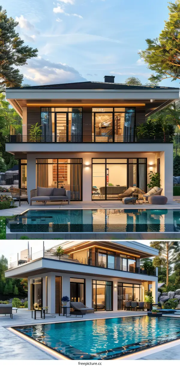 3d rendering of a modern house with a pool and a garden