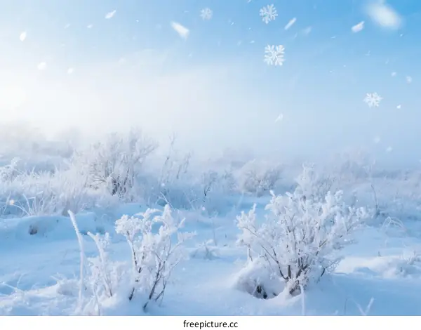 A Winter Landscape Covered with Snow and Frosty Plants
