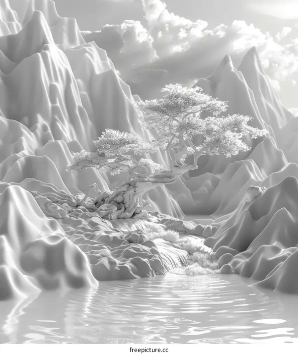 Monochrome Mountain Landscape with a Majestic Tree