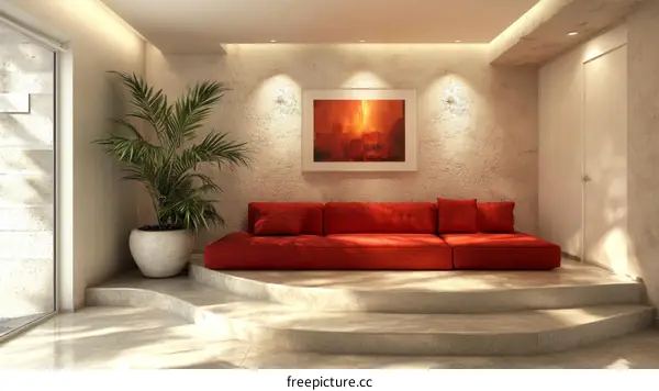 Modern Living Room Interior Design with Red Sofa and Plant