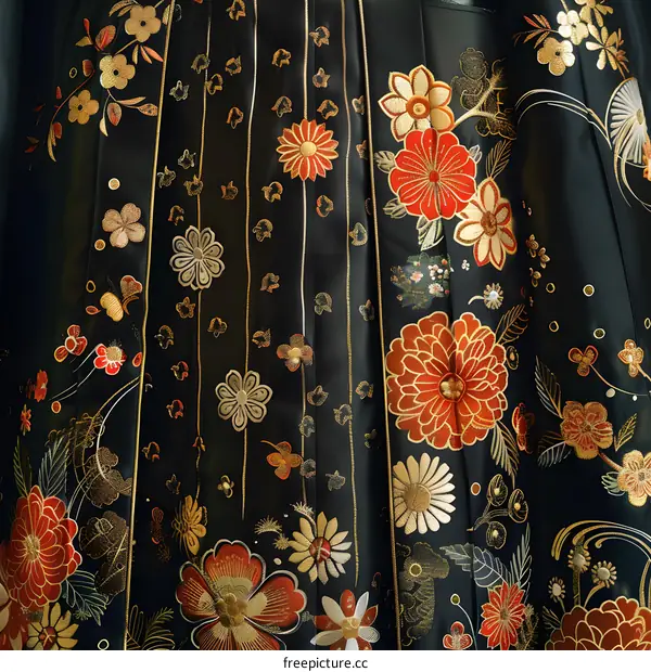 Traditional Japanese Black Kimono with Gold and Red Floral Embroidery