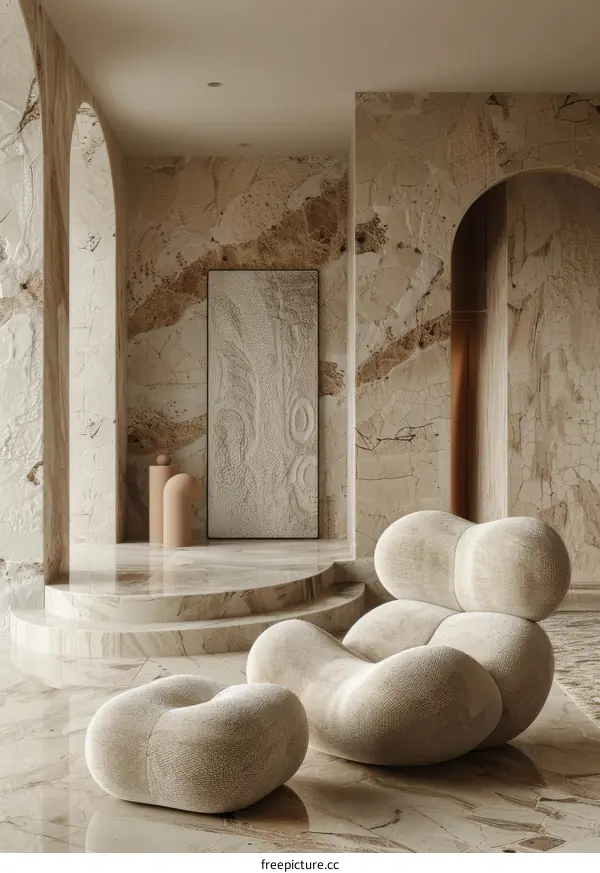 3D rendering of a modern interior space with a marble floor and walls, and a large, cream-colored, abstract sculpture in the center.