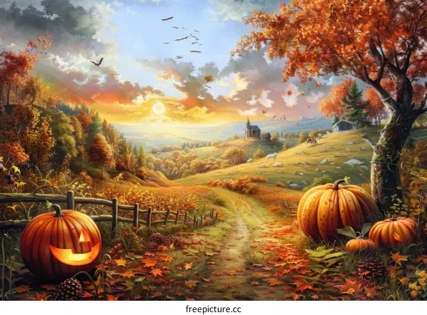 Pumpkin Path Through Autumn Fields