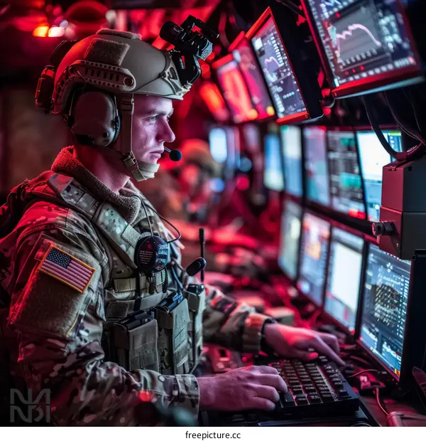 Soldier in a control room with computer screens