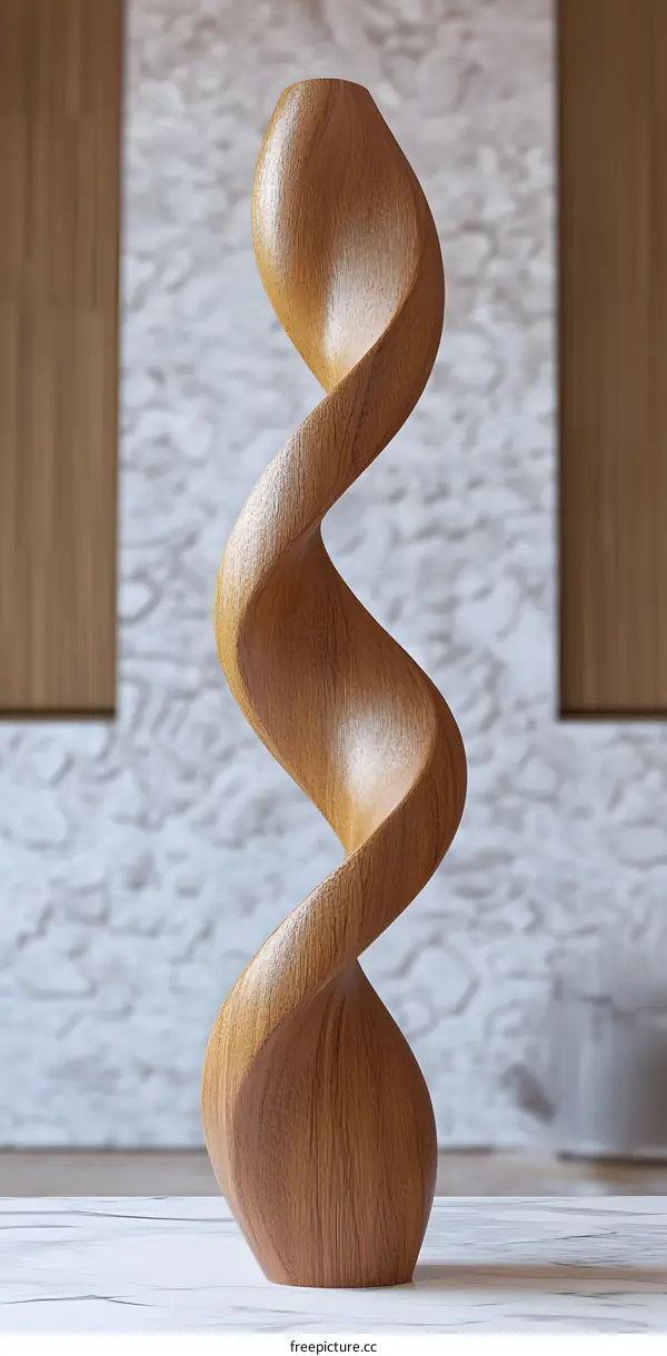 Wooden Twisted Abstract Sculpture on White Marble Table