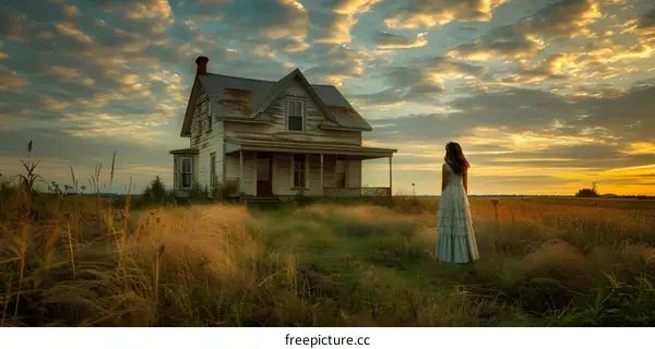 girl standing in front of an abandoned house at sunset