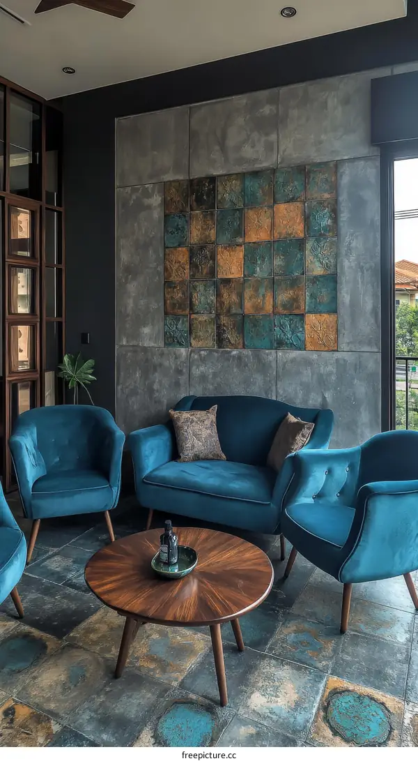 Modern Living Room Interior Design with Teal Tiles