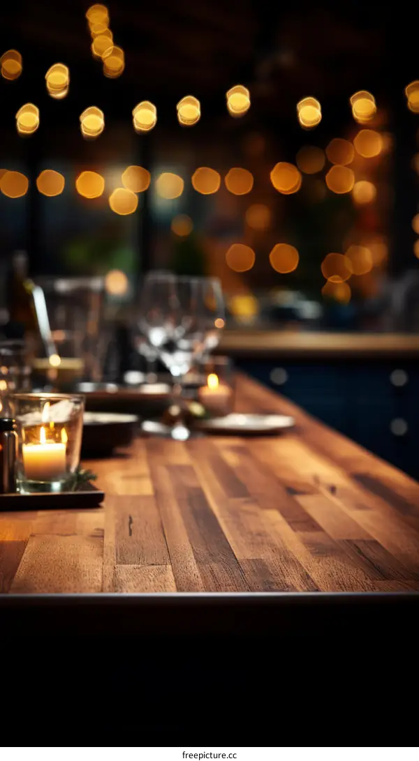 Rustic wooden table with a candle and wine glasses in the background