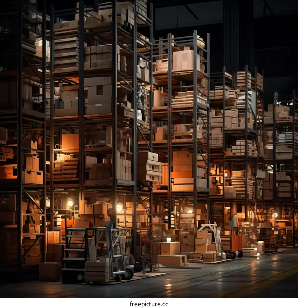 A large warehouse with many shelves full of boxes and a forklift