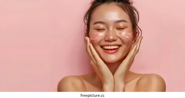 Smiling Woman with Face Mask on Pink Background