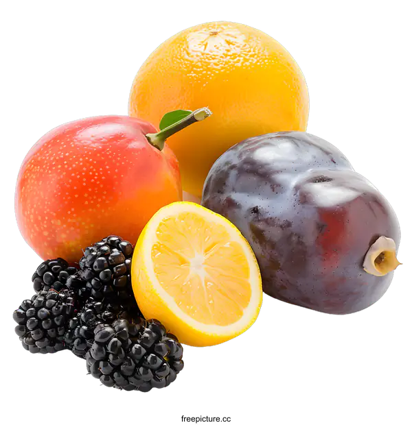 [Transparent Background PNG]Assortment of Fresh Fruits with Lemon, Orange, Plum, and Blackberries