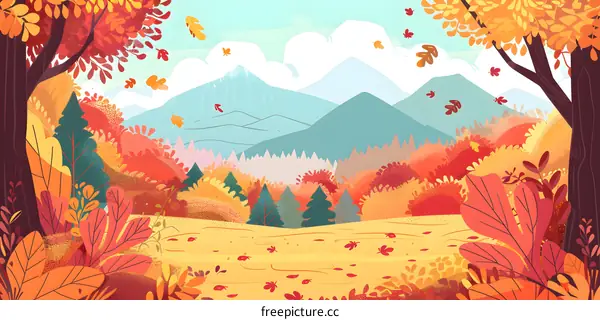 Autumn Landscape Illustration with Mountain View