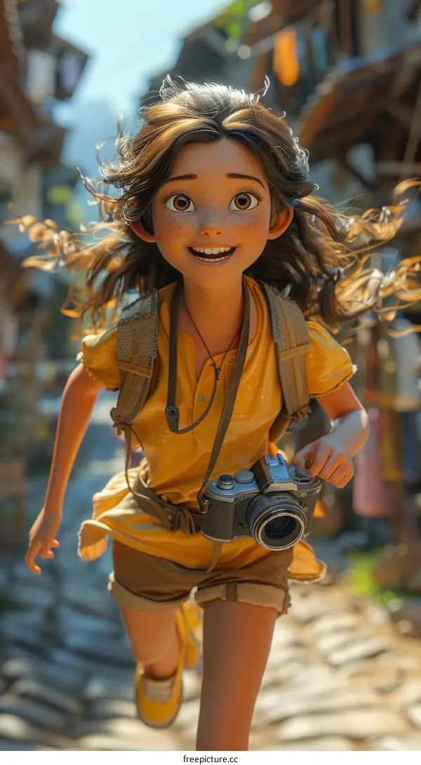 An adventurous girl with a camera running through the streets of a foreign city