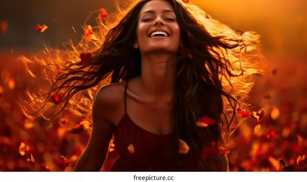 carefree young woman with flowing hair and red dress in a field of red autumn leaves