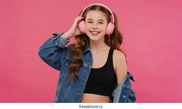 Young girl wearing pink headphones and denim jacket on pink background