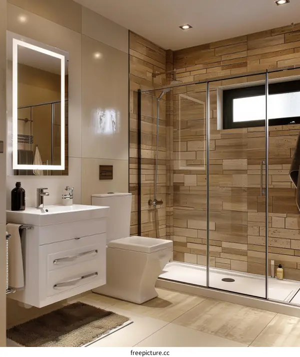 Bathroom interior with ceramic tiles and wooden wall