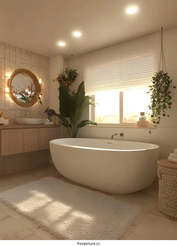 Modern Bathroom Interior Design With Bathtub And Plants