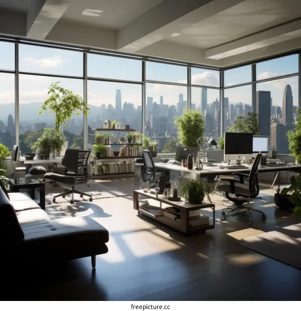 Modern Office Interior with Natural Lighting and City Skyline