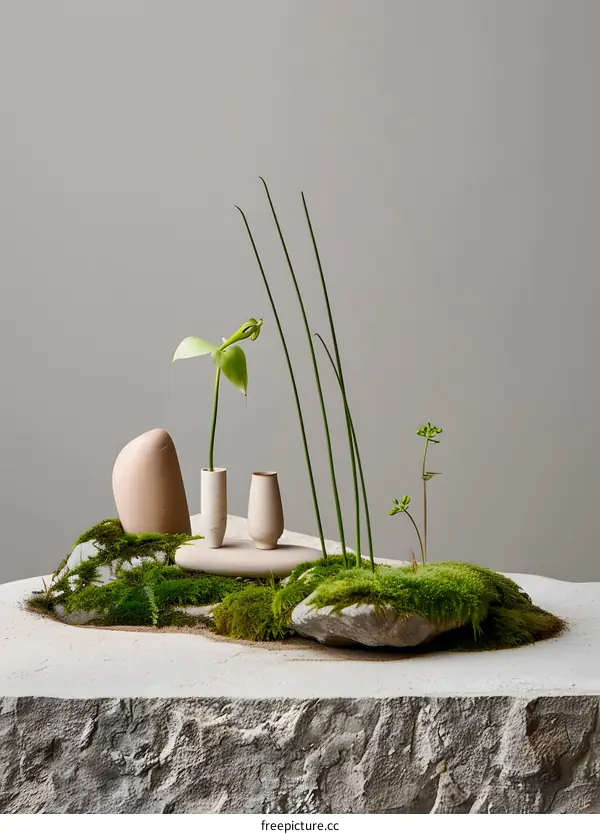 Minimalist Floral Arrangement With Stone and Moss