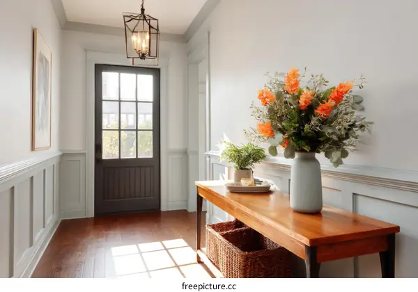 Modern Farmhouse Entryway with Wooden Console Table and Orange Flowers