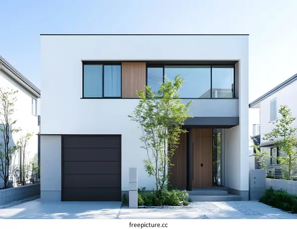 Modern White House Exterior with Large Windows and Garage Door