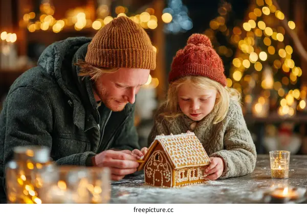 Father and Daughter Building Gingerbread House