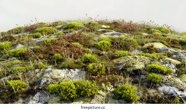 Green Moss and Grass Growing on Rocks