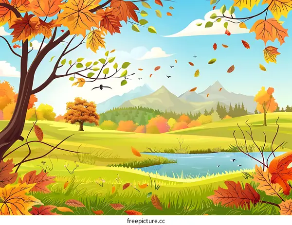 Autumn Landscape with Trees and River