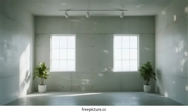 Empty room with two windows and potted plants inside