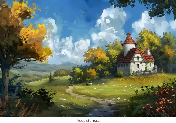 Fantasy Landscape with Small House and Pathway