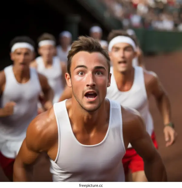 A group of young men competing in a race