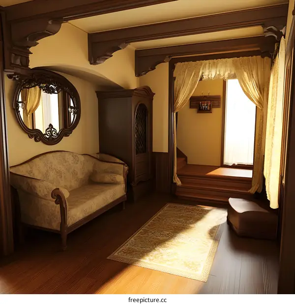 Elegant Living Room Interior Design with Wooden Beams and Ornate Mirror