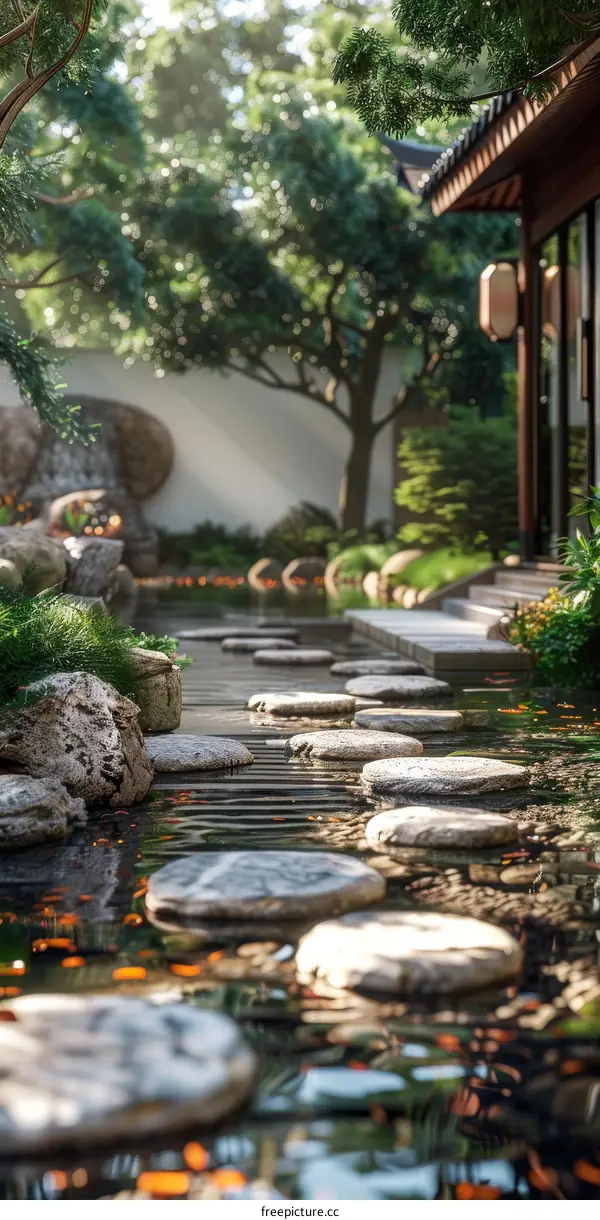 Stepping Stones in a Japanese Zen Garden with Traditional Architecture