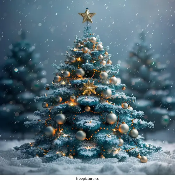 Christmas Tree in a Snowy Forest