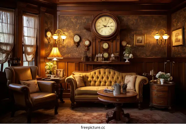 Victorian Parlor with Antique Furniture and Grandfather Clock