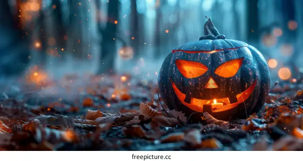 Spooky Halloween Pumpkin in the Dark Forest