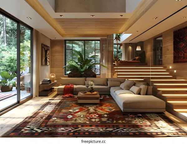 Airy and bright living room with a large colorful rug