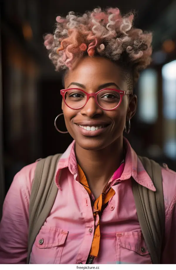 portrait of a young woman with pink hair and glasses