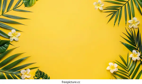 Tropical Summer Background With Palm Leaves and Flowers