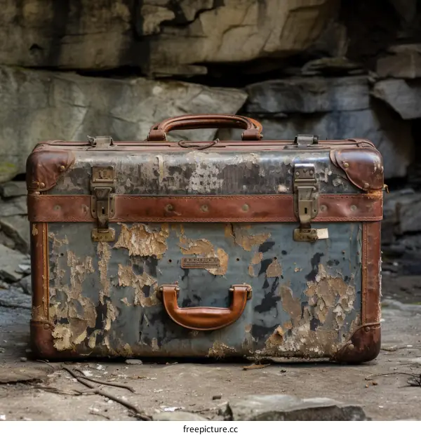 Aged Suitcase on Rocky Ground