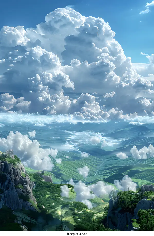 Green mountains and clouds