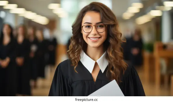 A young woman in a black graduation gown and glasses is smiling.