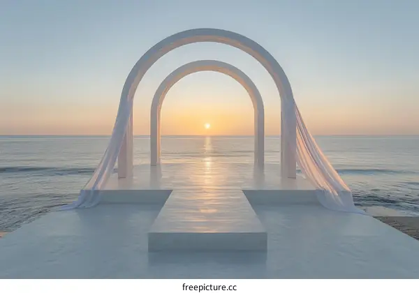 3D rendering of a beach wedding arch with a sunset in the background
